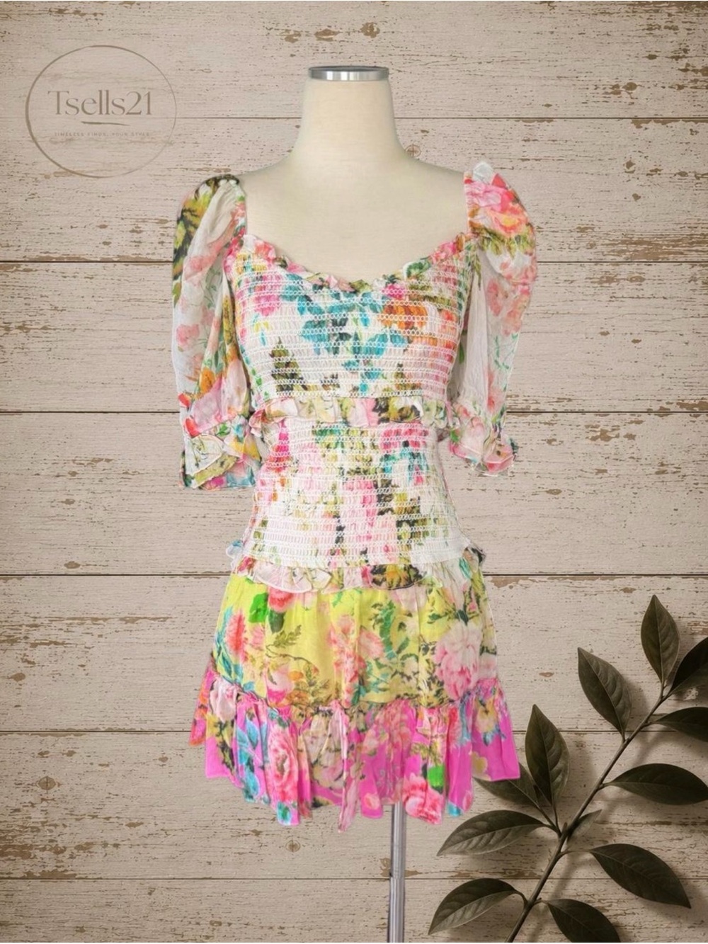 Hemant & Nandita Jolie Smocked Mini Dress in Tricolor Floral - Size M